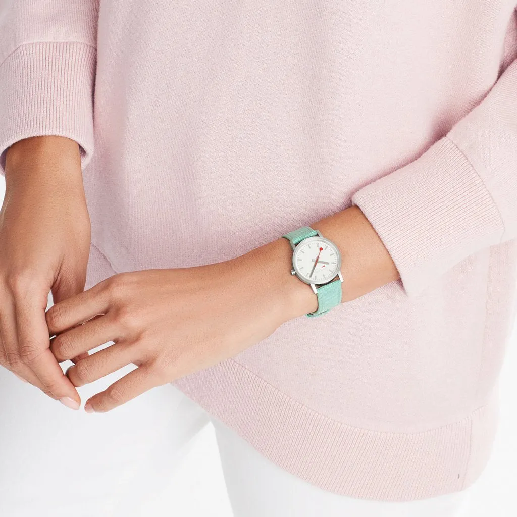 Mondaine Classic 30mm Neo-Mint Green Textile Watch A658.30323.17SBQ