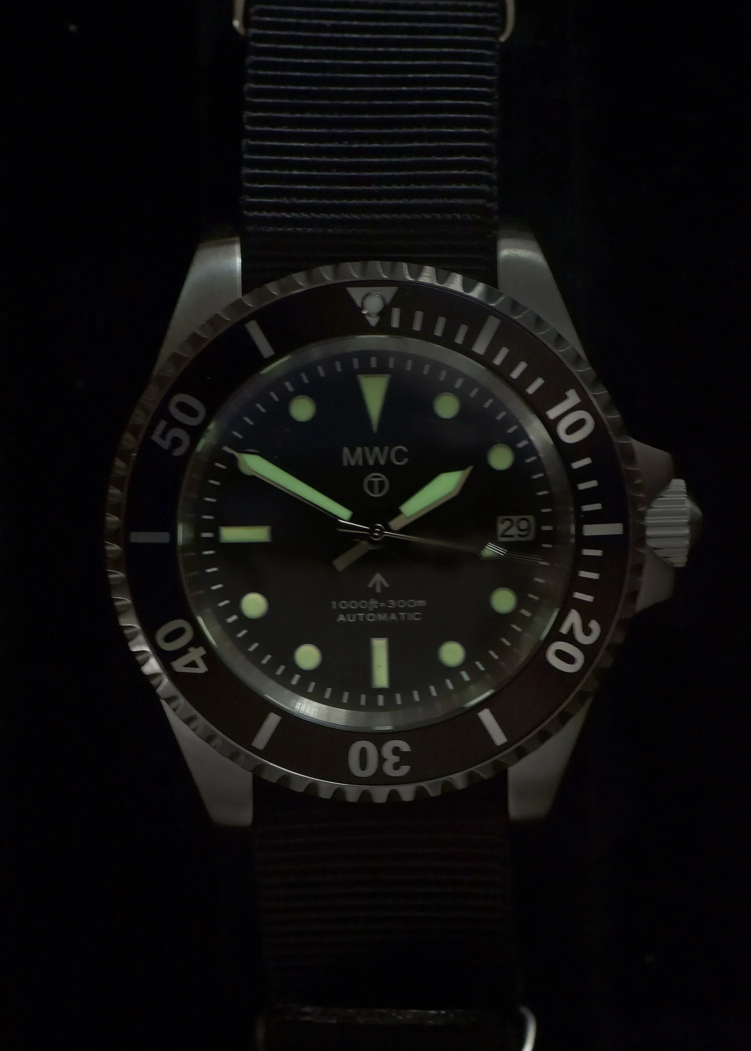 MWC 24 Jewel 1982 Pattern 300m Automatic Military Divers Watch in Black PVD with a Sapphire Crystal on a NATO Webbing Strap (Date Version)
