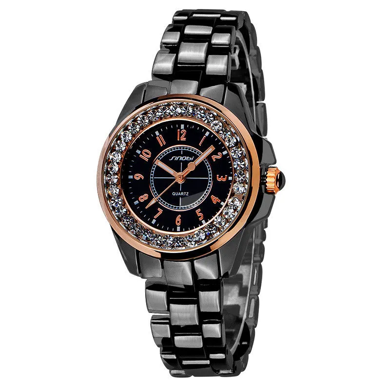 New SINOBI Bling Diamonds Rhinestone Luxury Ceramic-White Style Ladies Dress Watch Women Fashion Wristwatch Gifts