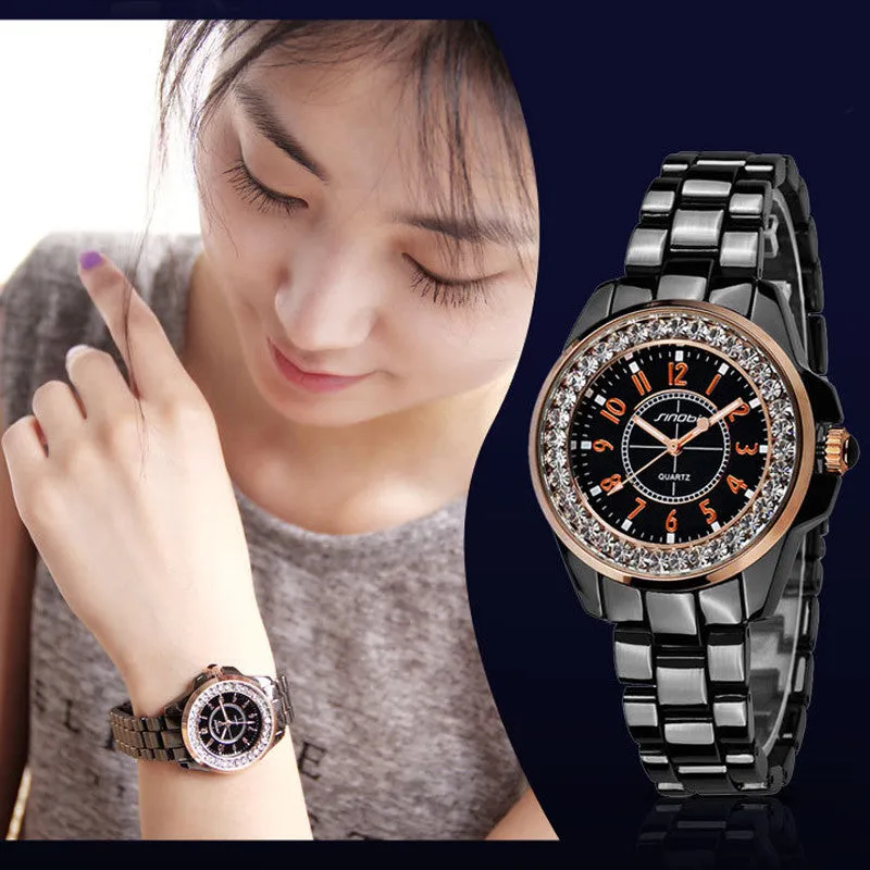 New SINOBI Bling Diamonds Rhinestone Luxury Ceramic-White Style Ladies Dress Watch Women Fashion Wristwatch Gifts