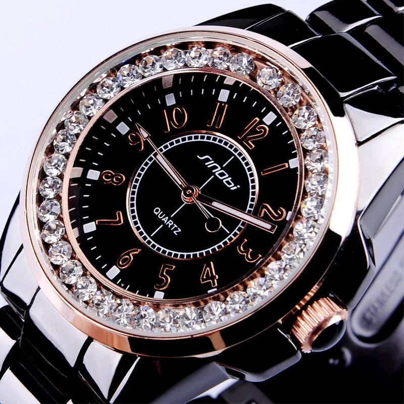 New SINOBI Bling Diamonds Rhinestone Luxury Ceramic-White Style Ladies Dress Watch Women Fashion Wristwatch Gifts
