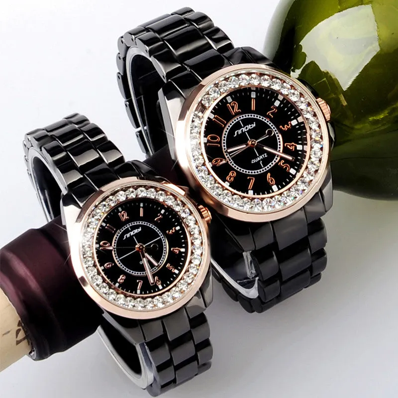 New SINOBI Bling Diamonds Rhinestone Luxury Ceramic-White Style Ladies Dress Watch Women Fashion Wristwatch Gifts