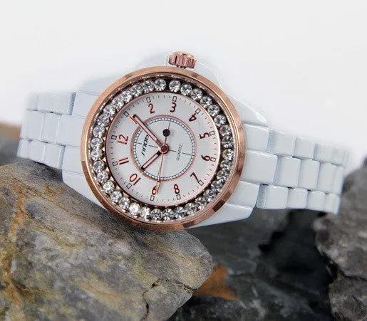 New SINOBI Bling Diamonds Rhinestone Luxury Ceramic-White Style Ladies Dress Watch Women Fashion Wristwatch Gifts