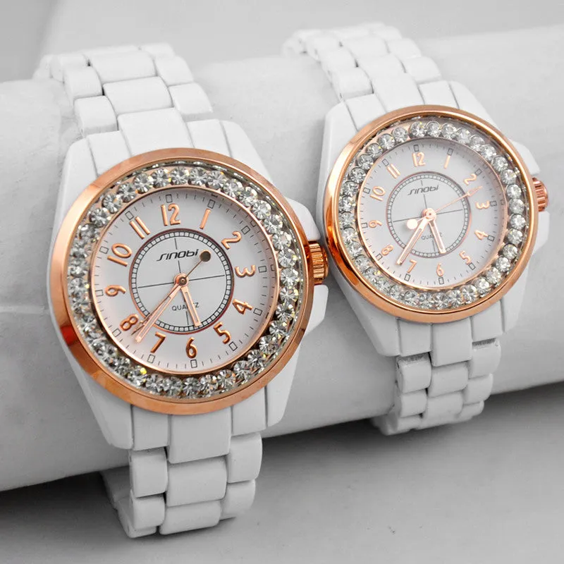 New SINOBI Bling Diamonds Rhinestone Luxury Ceramic-White Style Ladies Dress Watch Women Fashion Wristwatch Gifts