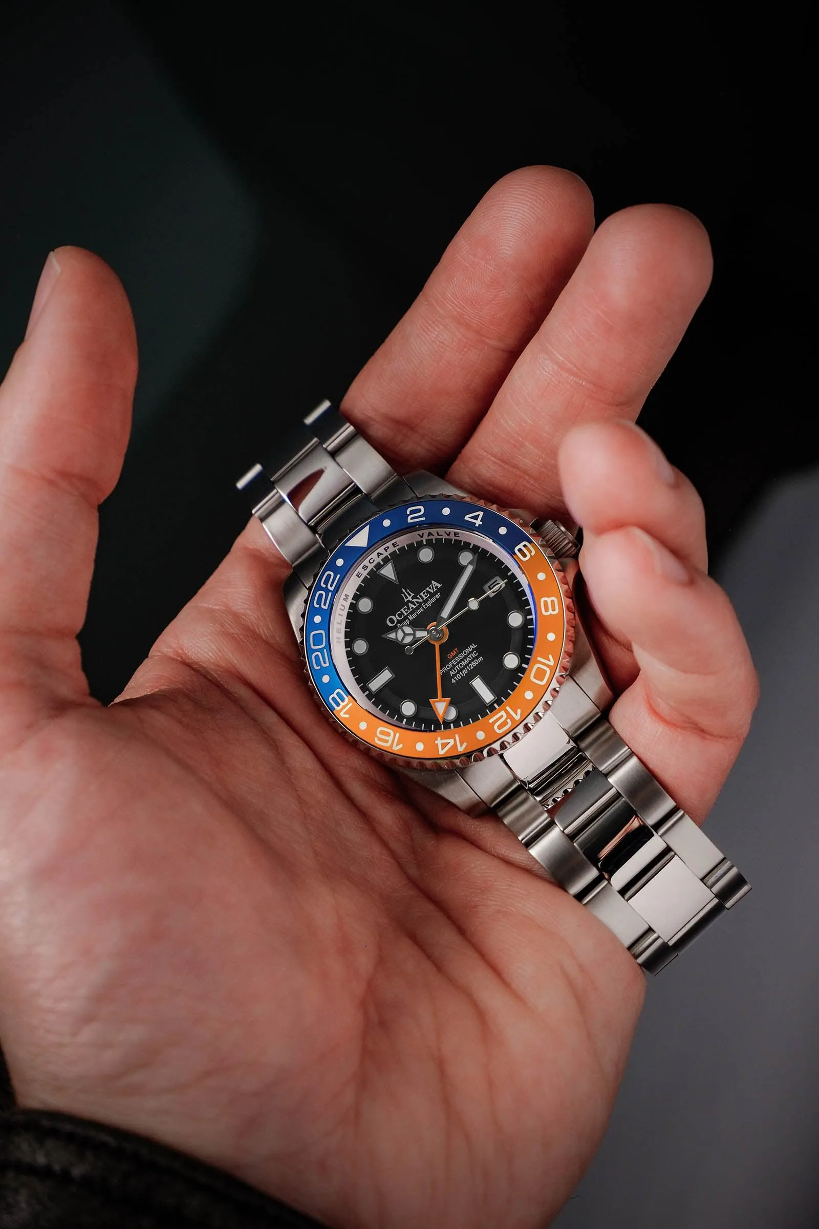 Oceaneva Men's GMT Automatic Deep Marine Explorer 1250M Pro Diver Blue Orange Bezel Watch