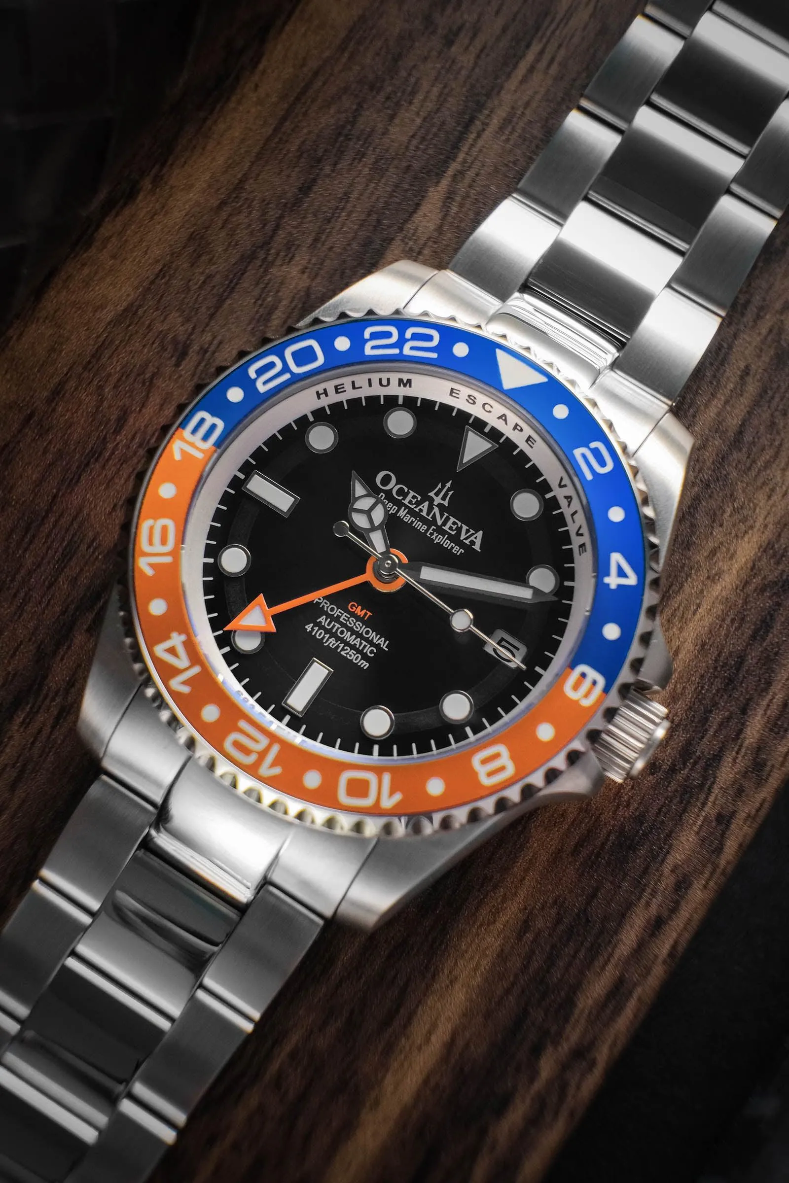 Oceaneva Men's GMT Automatic Deep Marine Explorer 1250M Pro Diver Blue Orange Bezel Watch
