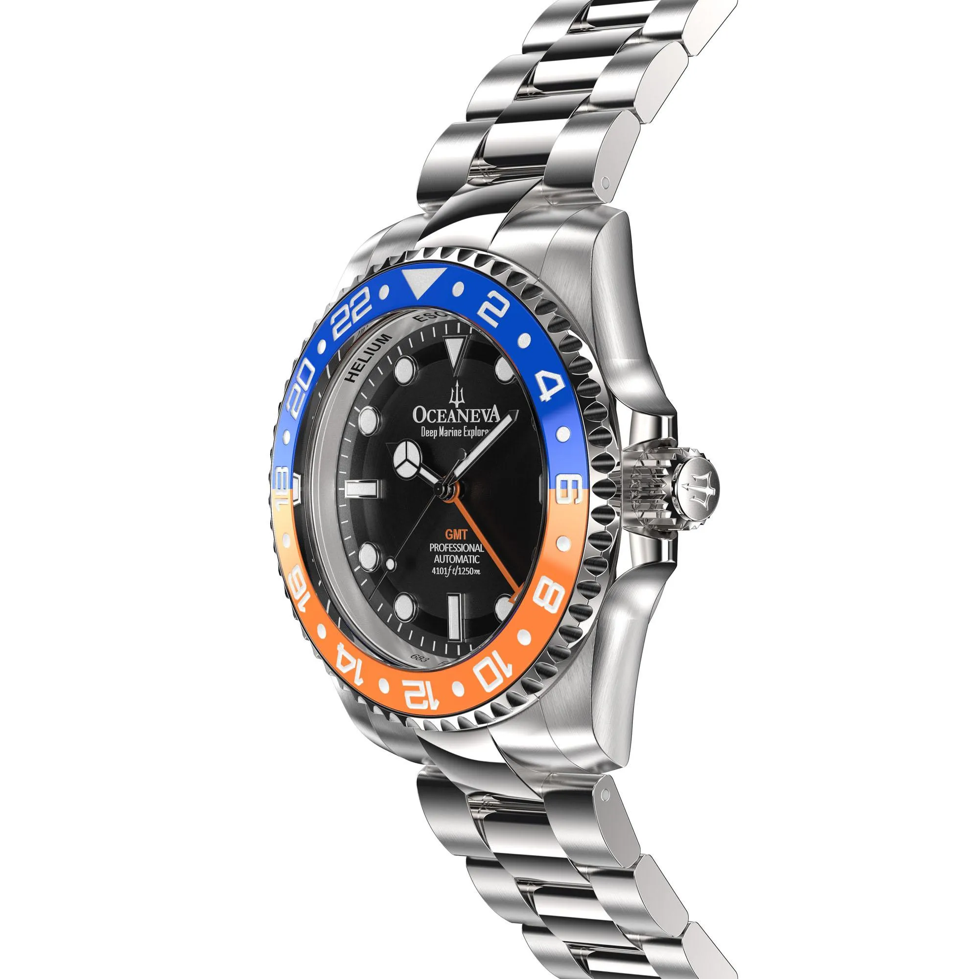 Oceaneva Men's GMT Automatic Deep Marine Explorer 1250M Pro Diver Blue Orange Bezel Watch