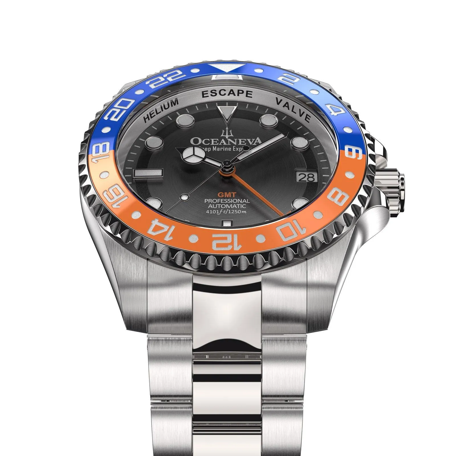 Oceaneva Men's GMT Automatic Deep Marine Explorer 1250M Pro Diver Blue Orange Bezel Watch