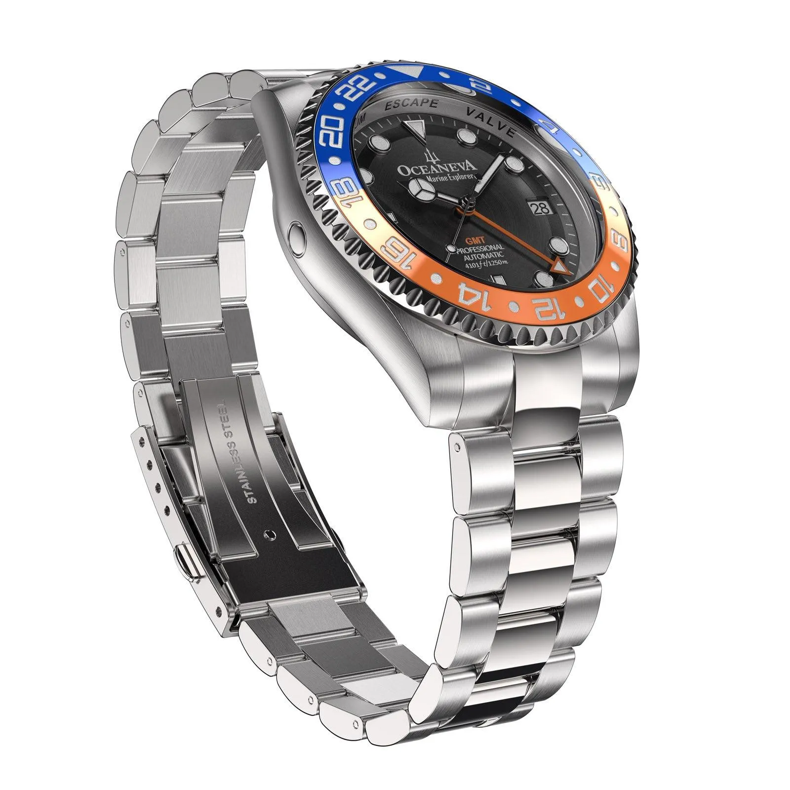 Oceaneva Men's GMT Automatic Deep Marine Explorer 1250M Pro Diver Blue Orange Bezel Watch