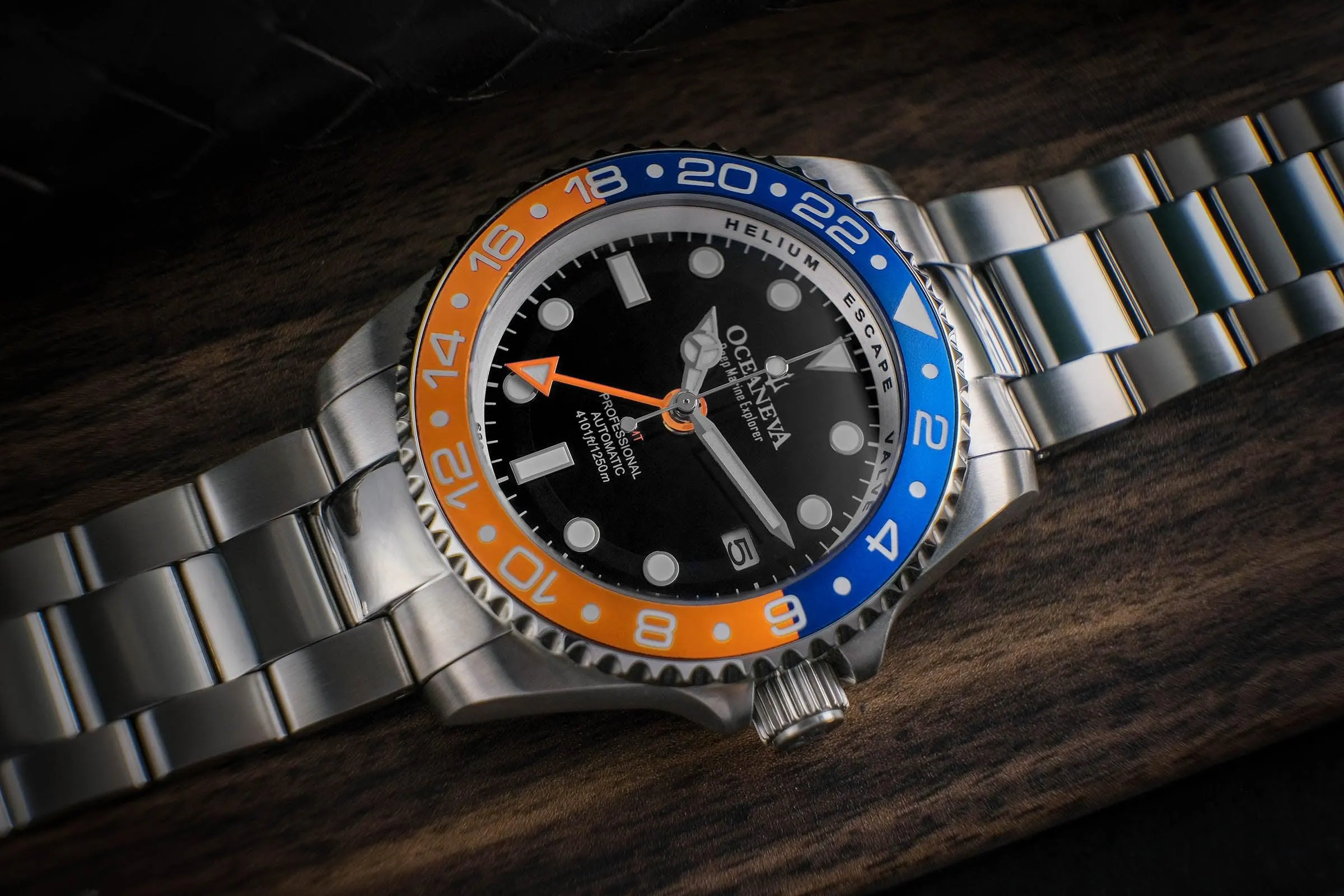 Oceaneva Men's GMT Automatic Deep Marine Explorer 1250M Pro Diver Blue Orange Bezel Watch