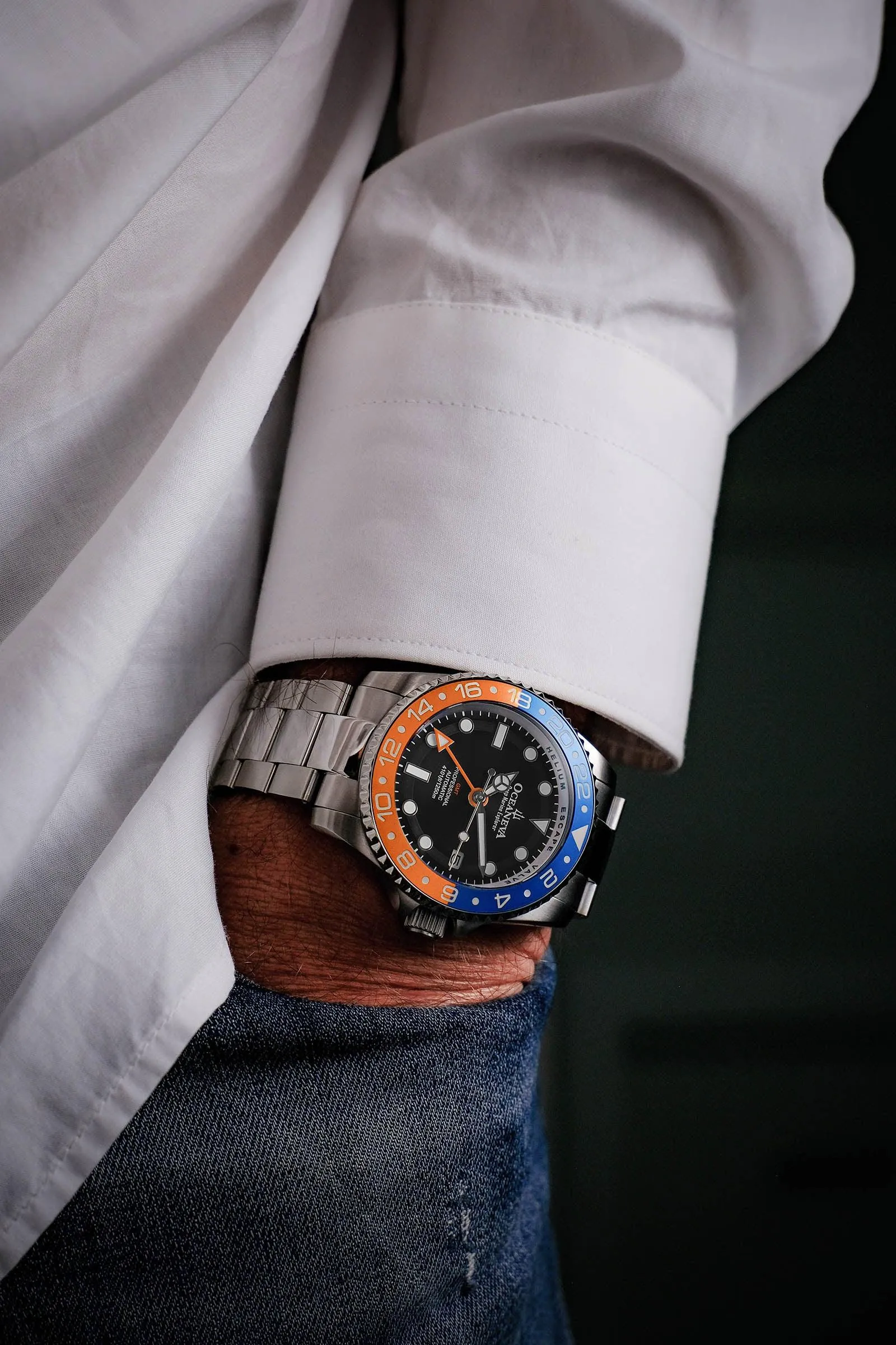 Oceaneva Men's GMT Automatic Deep Marine Explorer 1250M Pro Diver Blue Orange Bezel Watch