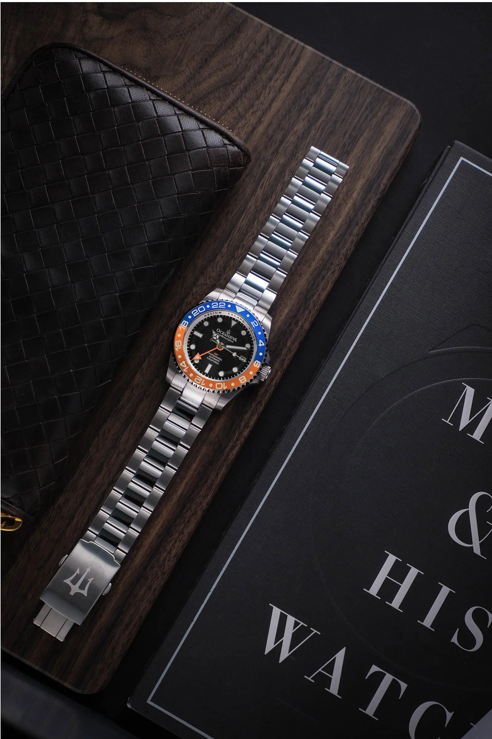 Oceaneva Men's GMT Automatic Deep Marine Explorer 1250M Pro Diver Blue Orange Bezel Watch