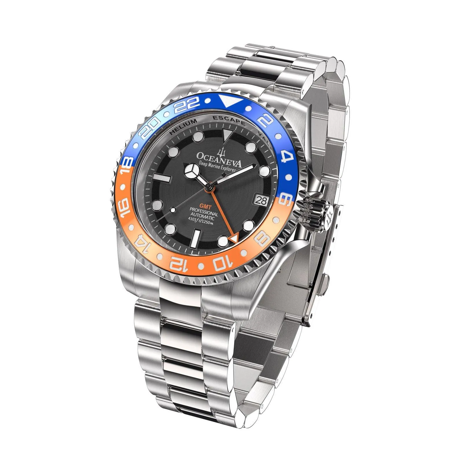 Oceaneva Men's GMT Automatic Deep Marine Explorer 1250M Pro Diver Blue Orange Bezel Watch