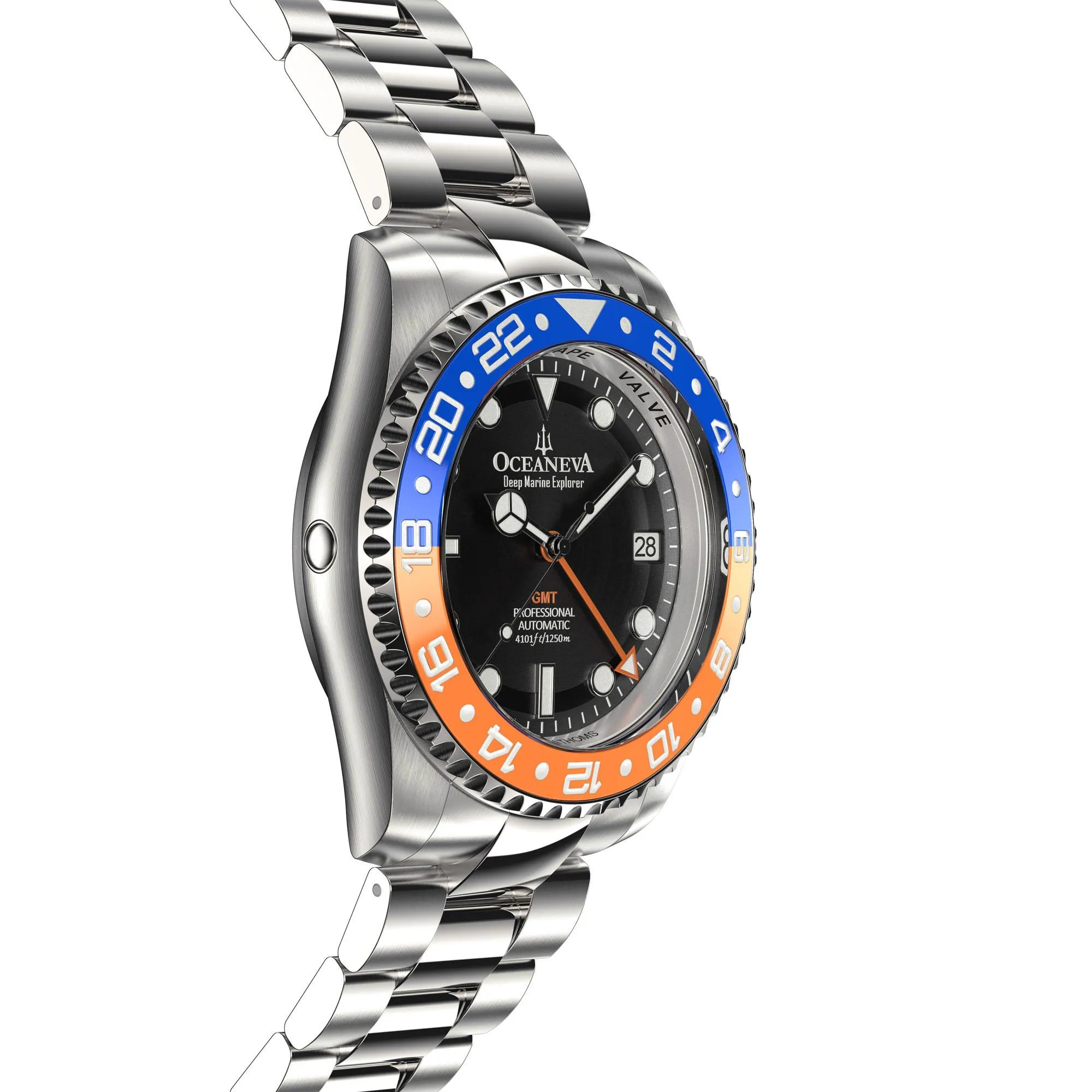 Oceaneva Men's GMT Automatic Deep Marine Explorer 1250M Pro Diver Blue Orange Bezel Watch