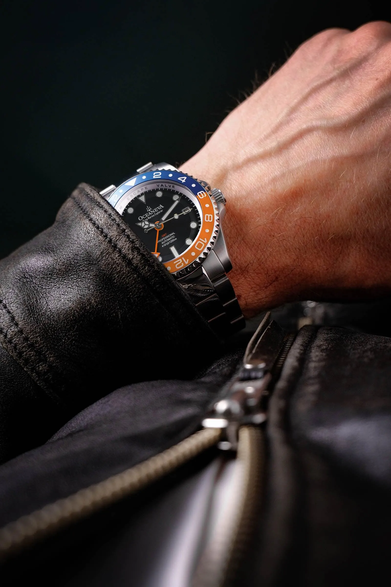 Oceaneva Men's GMT Automatic Deep Marine Explorer 1250M Pro Diver Blue Orange Bezel Watch