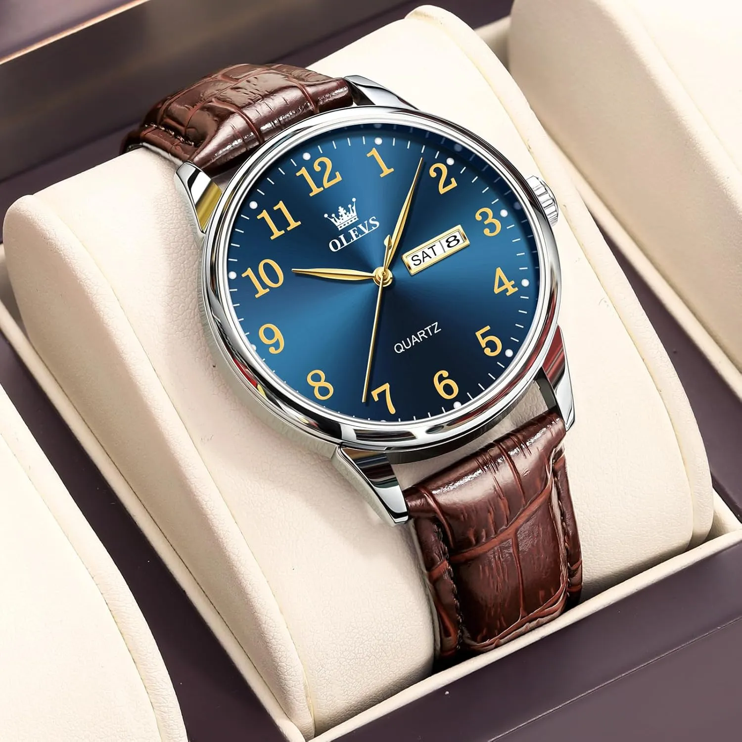 OLEVS Watch Men Mens Watches Watches for Men Leather Band Classic Brown Leather Watch Men, Analog Watch Men, Black Mens Leather Watch, Dress Waterproof Large Face Mens Watch,Relojes para Hombres Watch