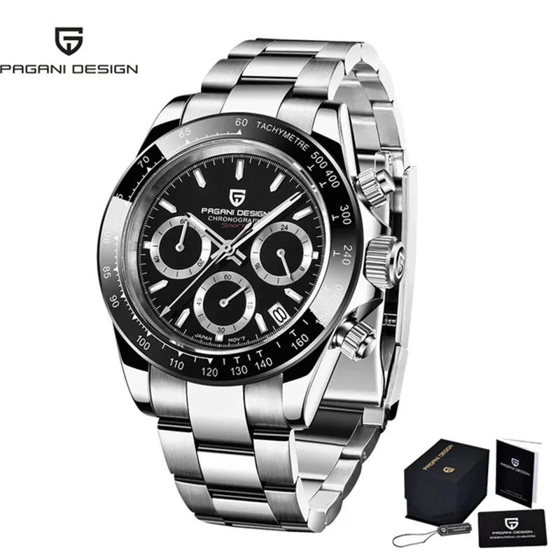 PAGANI DESIGN Black Mens Quartz Watch. Chronograph Sports Waterproof Luminous