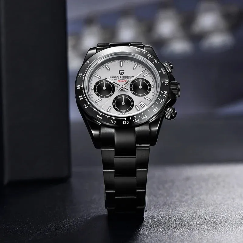 PAGANI DESIGN Black Mens Quartz Watch. Chronograph Sports Waterproof Luminous