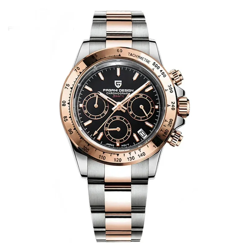 PAGANI DESIGN Black Mens Quartz Watch. Chronograph Sports Waterproof Luminous