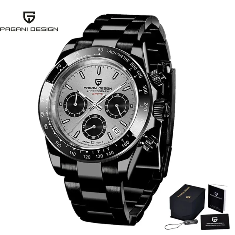 PAGANI DESIGN Black Mens Quartz Watch. Chronograph Sports Waterproof Luminous