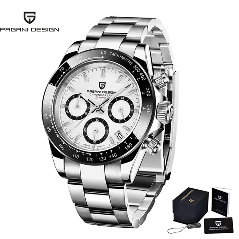 PAGANI DESIGN Black Mens Quartz Watch. Chronograph Sports Waterproof Luminous