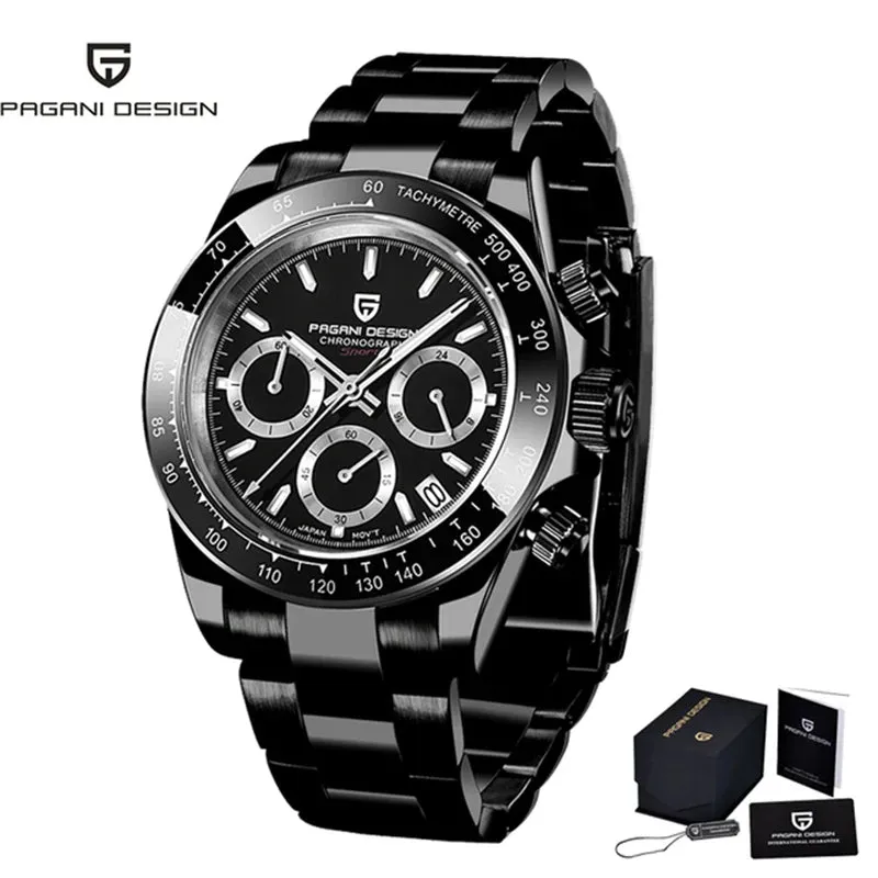 PAGANI DESIGN Black Mens Quartz Watch. Chronograph Sports Waterproof Luminous