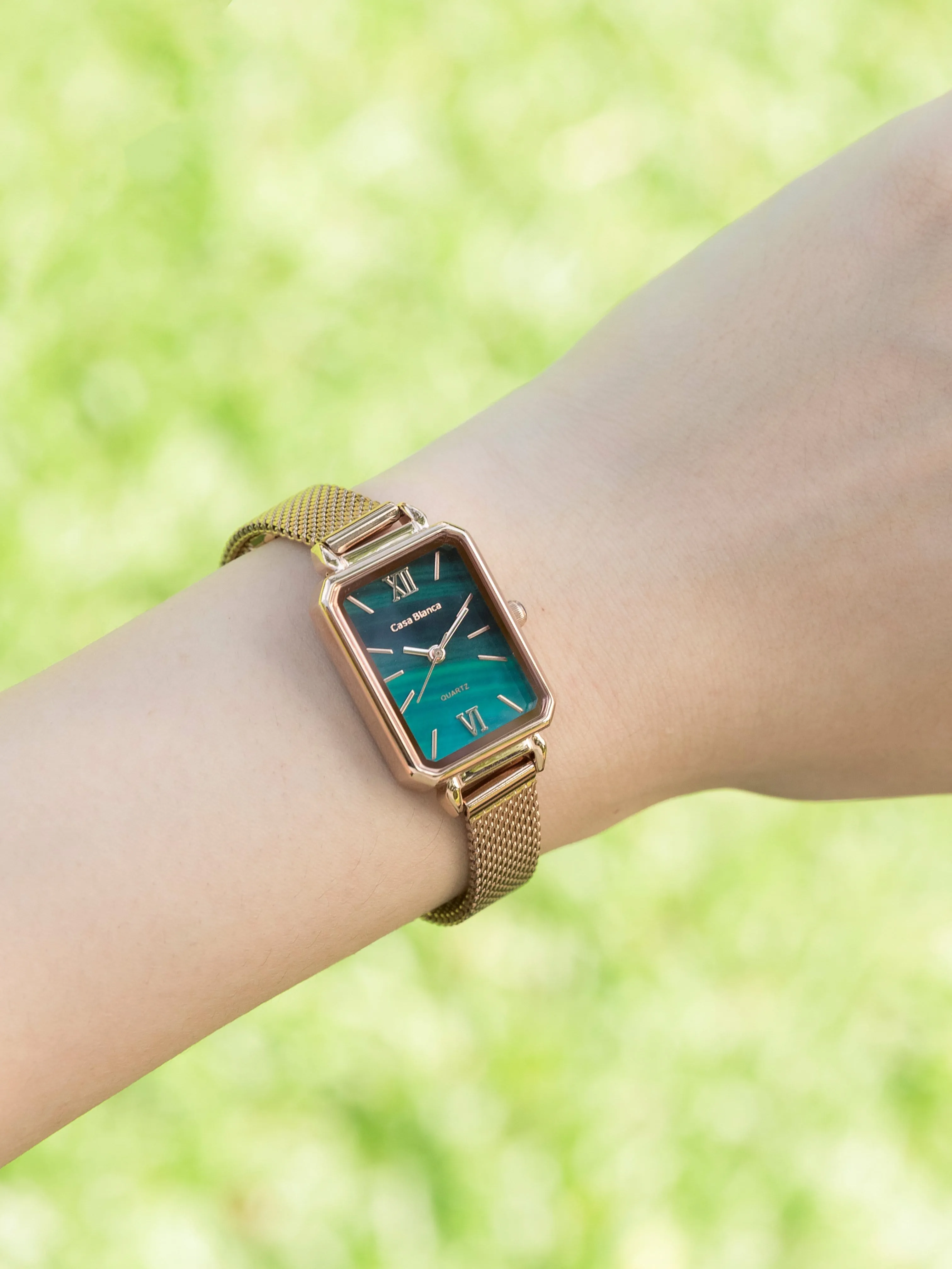 Peacock Green Watch | Rose Gold Mesh Strap
