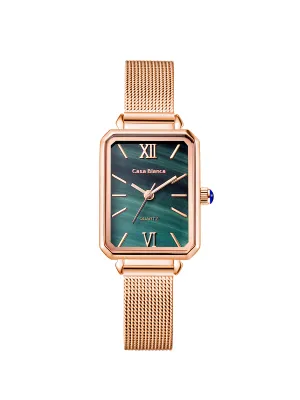 Peacock Green Watch | Rose Gold Mesh Strap