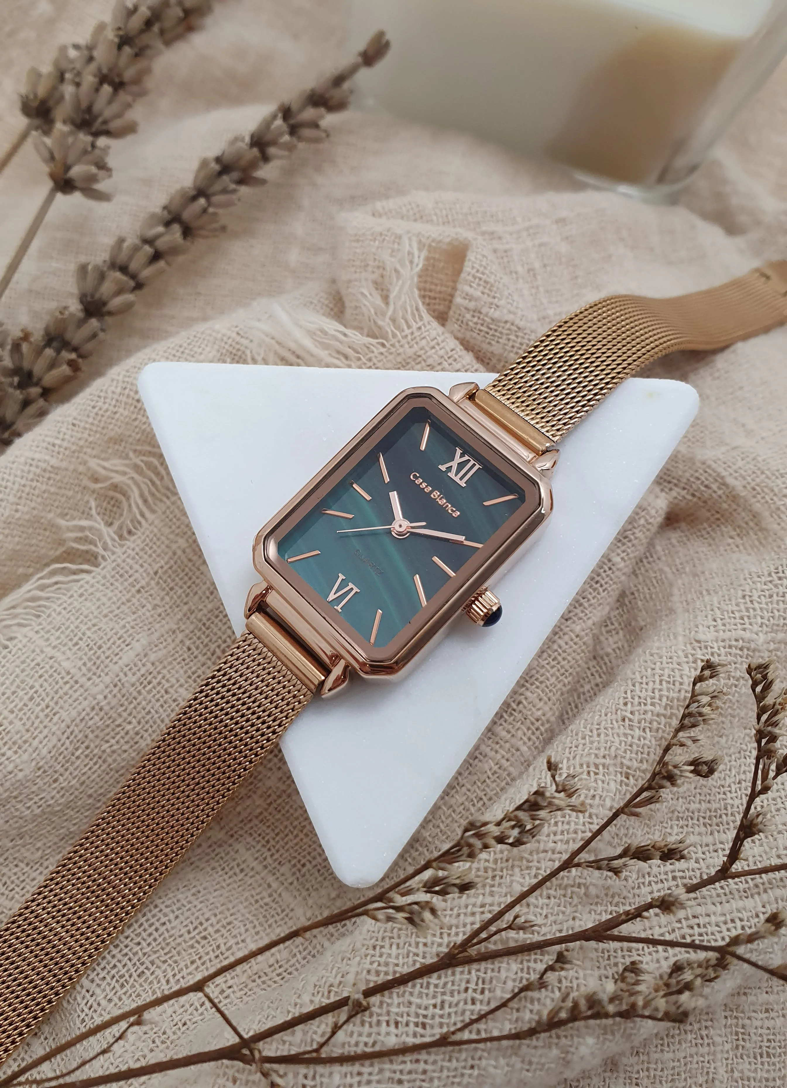 Peacock Green Watch | Rose Gold Mesh Strap