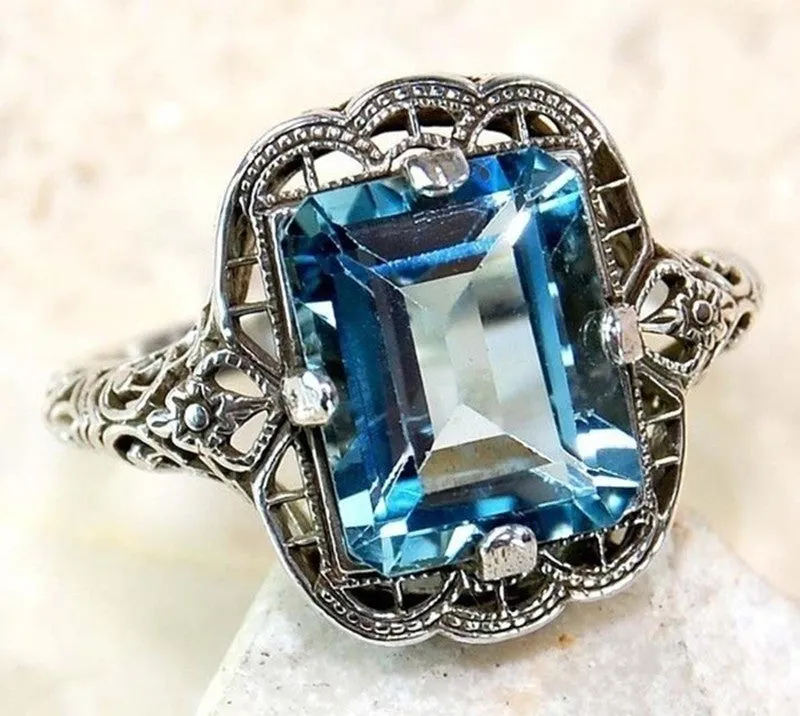Silver Diamond Sapphire Engagement Ring