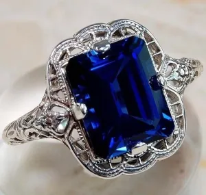 Silver Diamond Sapphire Engagement Ring
