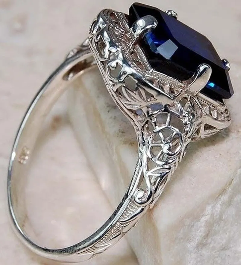 Silver Diamond Sapphire Engagement Ring