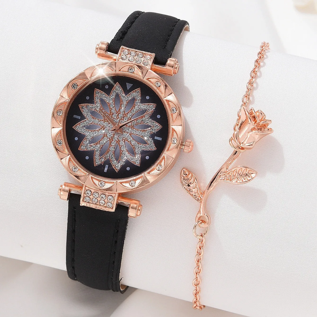 Sparkling Rhinestone Watch Set Flower Fashion Quartz Wrist Watch  Bracelet  Perfect Gift for Mom