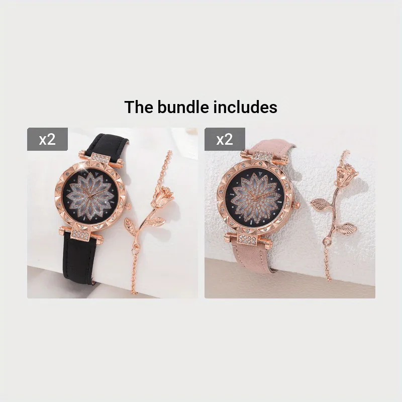 Sparkling Rhinestone Watch Set Flower Fashion Quartz Wrist Watch  Bracelet  Perfect Gift for Mom