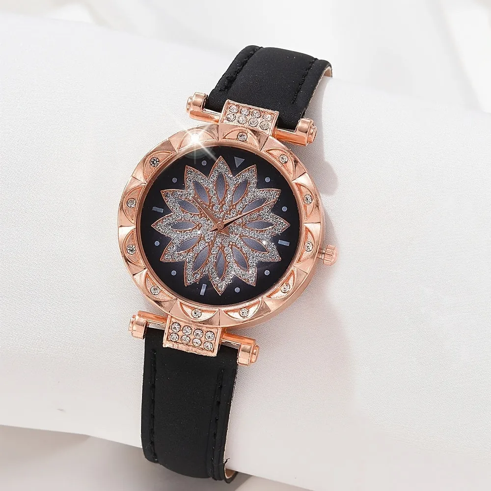 Sparkling Rhinestone Watch Set Flower Fashion Quartz Wrist Watch  Bracelet  Perfect Gift for Mom
