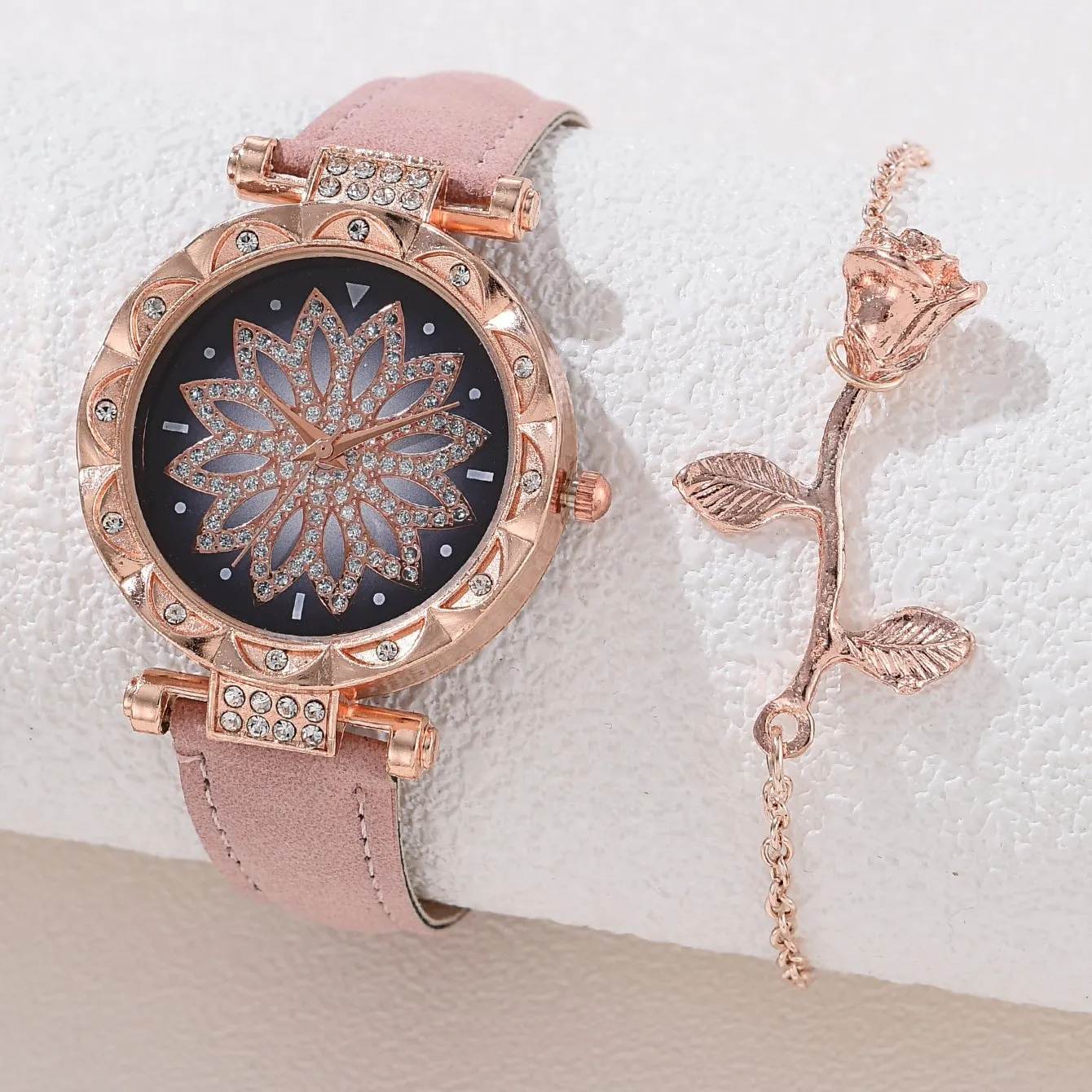 Sparkling Rhinestone Watch Set Flower Fashion Quartz Wrist Watch  Bracelet  Perfect Gift for Mom