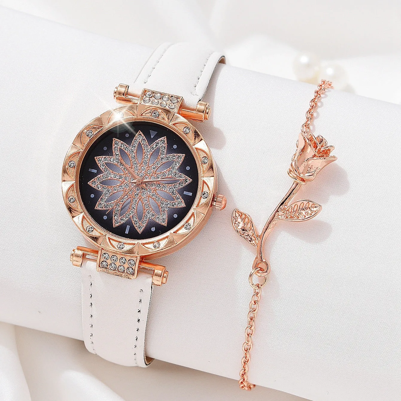 Sparkling Rhinestone Watch Set Flower Fashion Quartz Wrist Watch  Bracelet  Perfect Gift for Mom