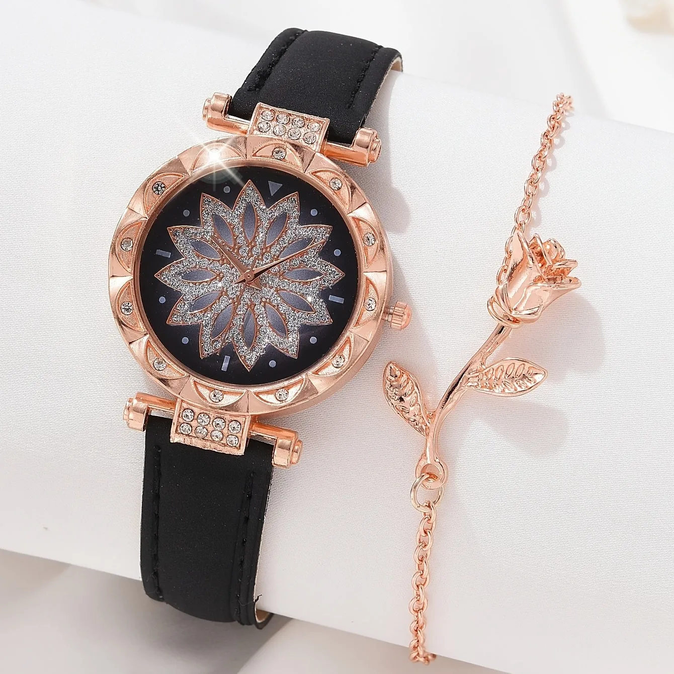 Sparkling Rhinestone Watch Set Flower Fashion Quartz Wrist Watch  Bracelet  Perfect Gift for Mom