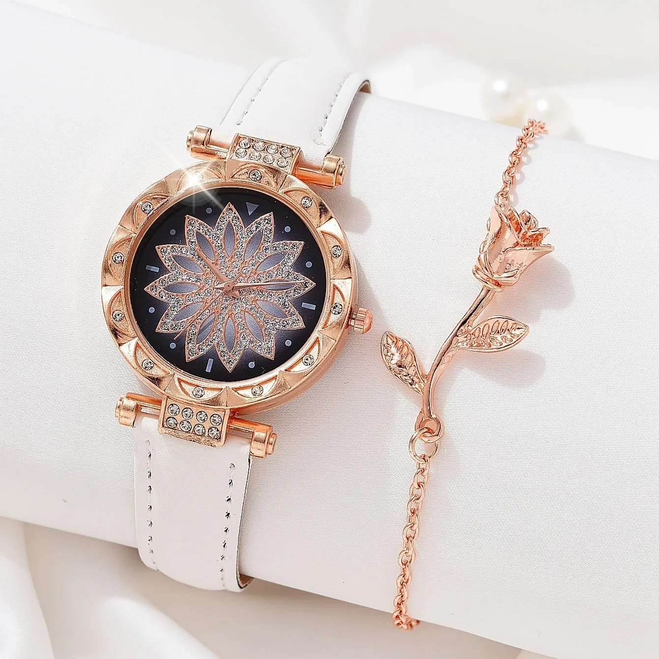 Sparkling Rhinestone Watch Set Flower Fashion Quartz Wrist Watch  Bracelet  Perfect Gift for Mom