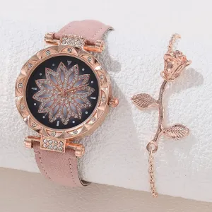 Sparkling Rhinestone Watch Set Flower Fashion Quartz Wrist Watch  Bracelet  Perfect Gift for Mom