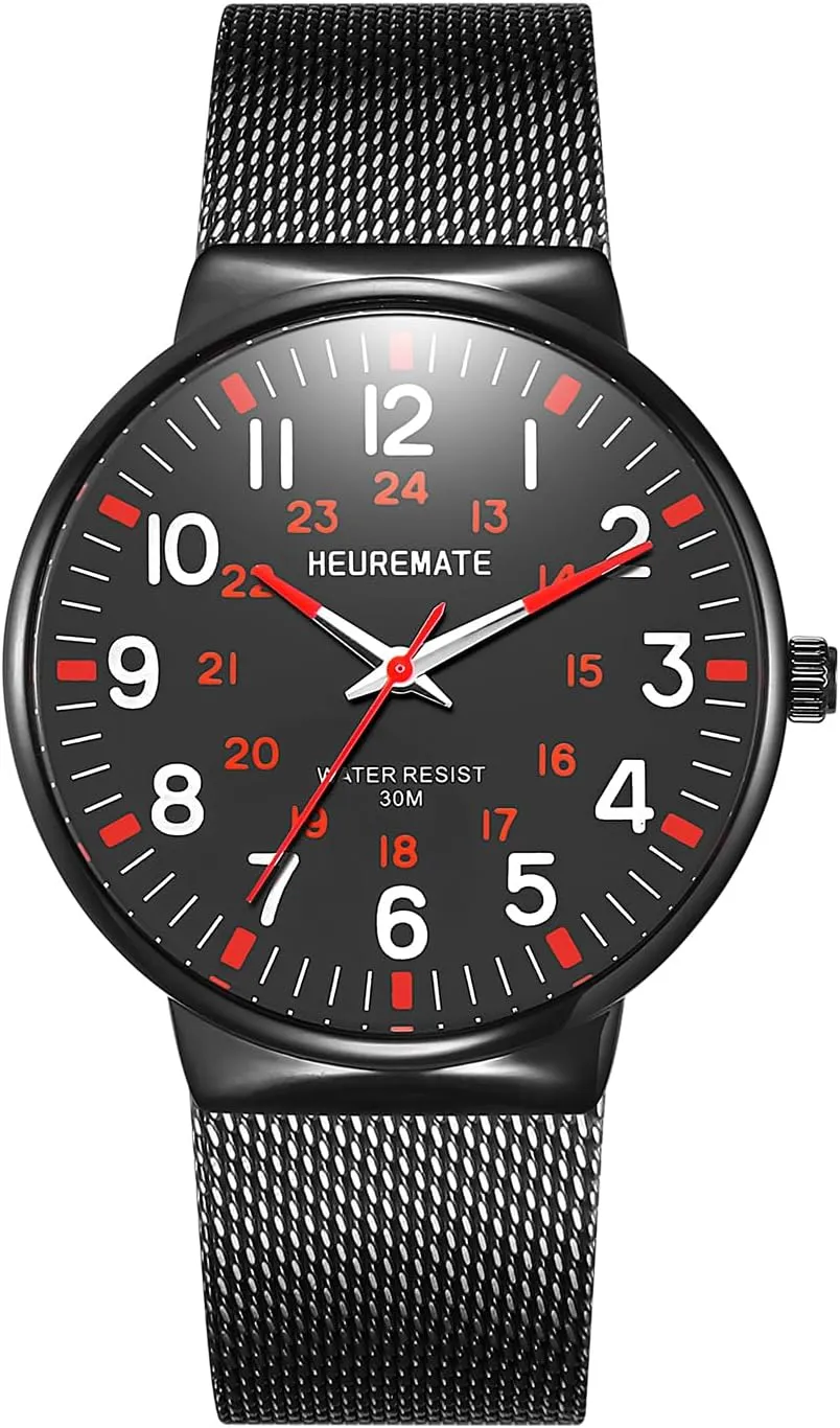 Ultra Thin Waterproof Fashion Mens Analog Watch, Medical Professional Nurse Doctors Watch with Luminous Easy-Read Dial, Military Time, 24-Hour Second Hand, Stainless Steel Mesh Band for Men