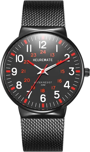 Ultra Thin Waterproof Fashion Mens Analog Watch, Medical Professional Nurse Doctors Watch with Luminous Easy-Read Dial, Military Time, 24-Hour Second Hand, Stainless Steel Mesh Band for Men
