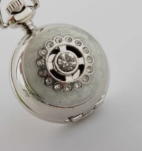 Unisex Retro Crystal Necklace Pendant Chain Quartz Pocket Watch