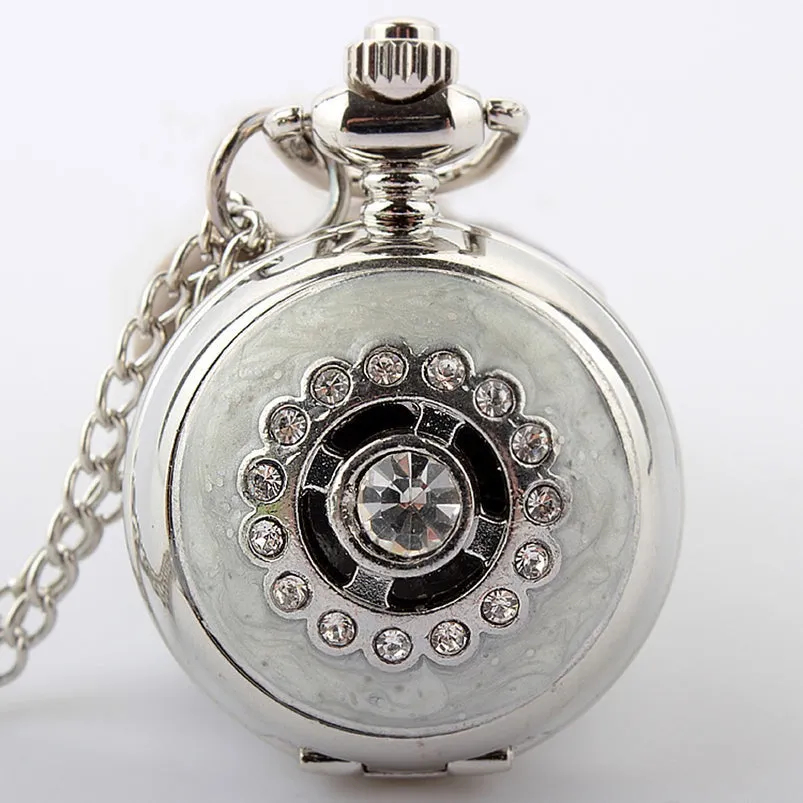 Unisex Retro Crystal Necklace Pendant Chain Quartz Pocket Watch
