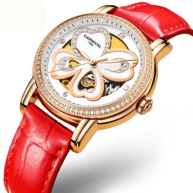 Women's Automatic Mechanical Skeleton Leather Water Resistant Wrist Watch