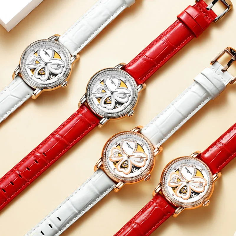 Women's Automatic Mechanical Skeleton Leather Water Resistant Wrist Watch