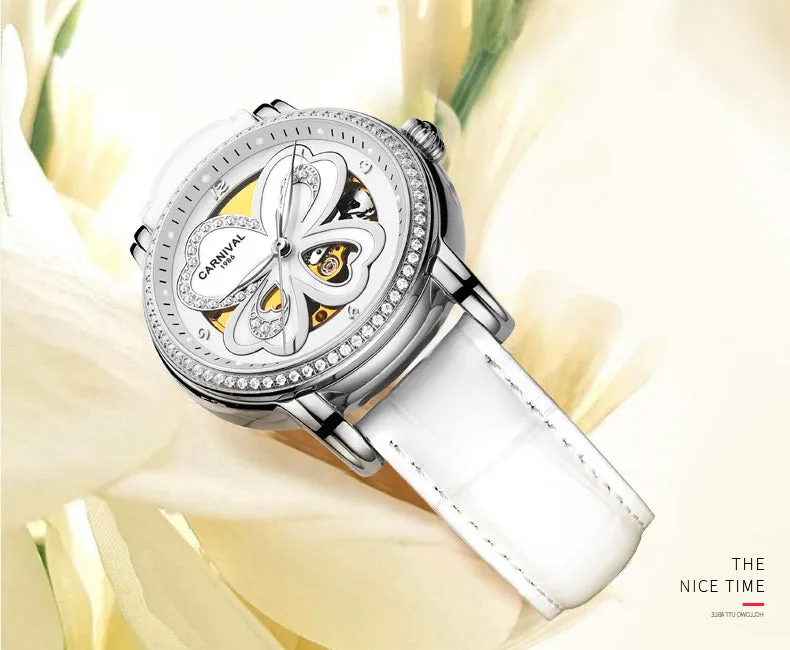Women's Automatic Mechanical Skeleton Leather Water Resistant Wrist Watch