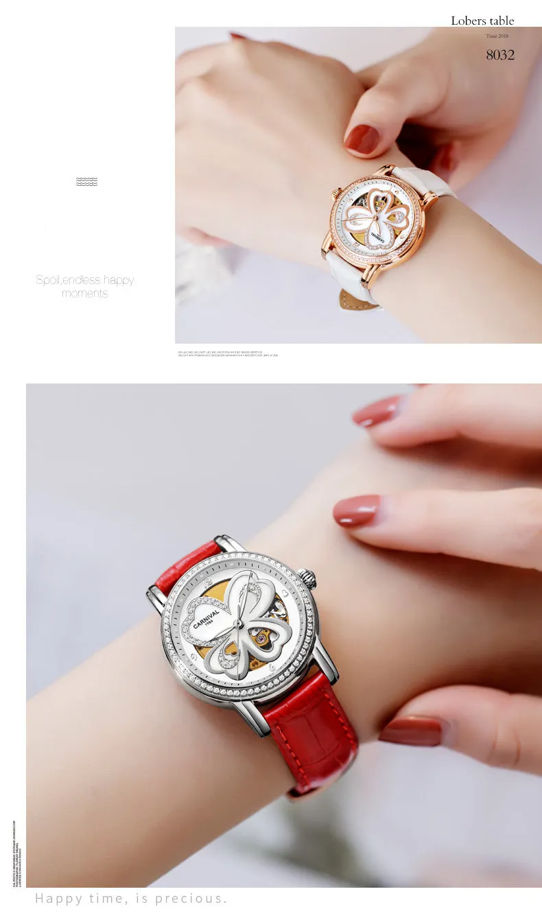 Women's Automatic Mechanical Skeleton Leather Water Resistant Wrist Watch