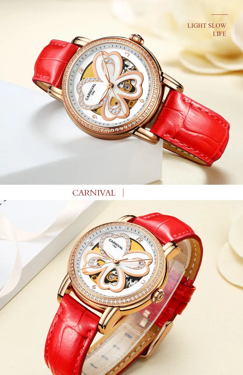 Women's Automatic Mechanical Skeleton Leather Water Resistant Wrist Watch