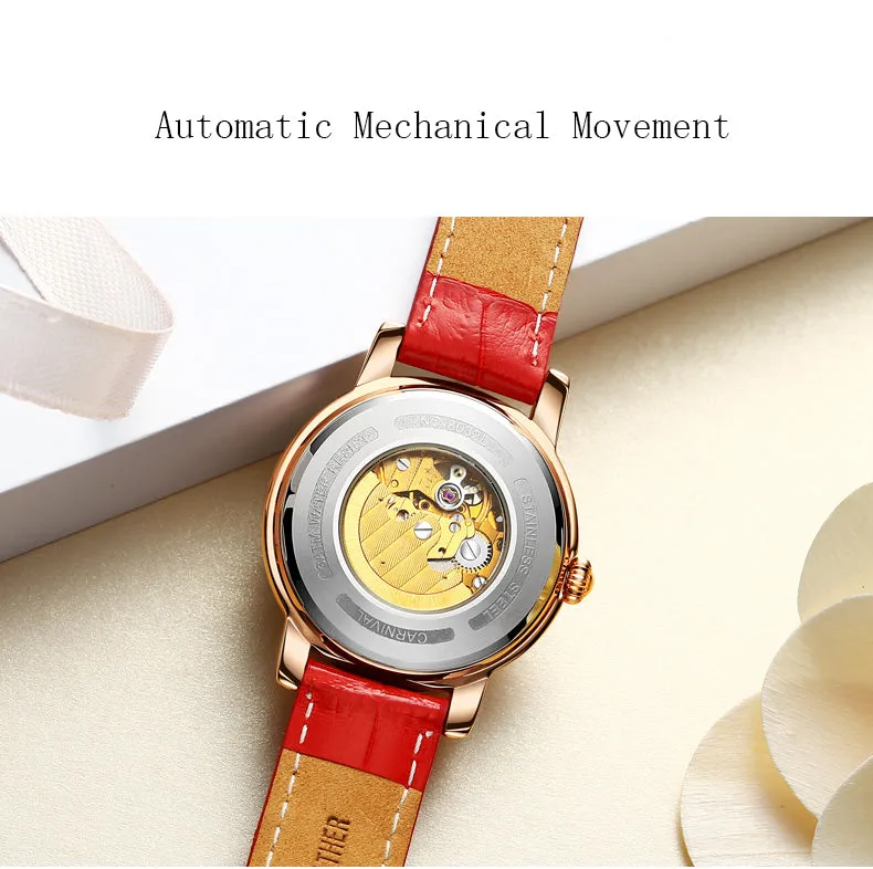 Women's Automatic Mechanical Skeleton Leather Water Resistant Wrist Watch